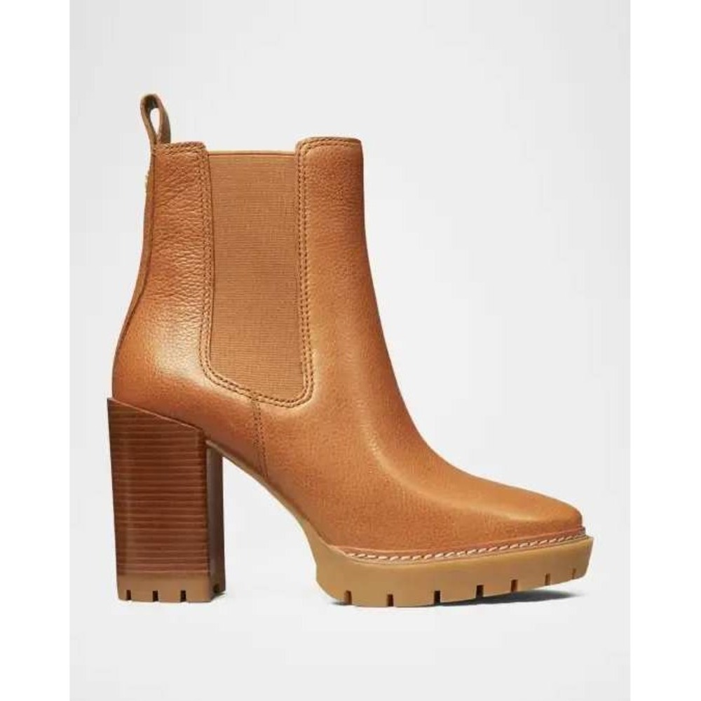 Tory Burch Booties Size 9M Brown Carson Leather Lug-Sole Chelsea Block Heel